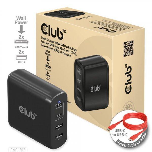 Club3D Travel Charger 100W GaN technology, Four port USB Type-A(2x) and -C(2x),
Power Delivery(PD) 3.0 Support