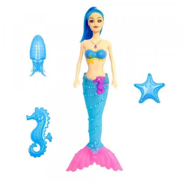 Bájos sellő barbi tündöklő uszonnyal, vagány, csillogó bikini felsőben -
műanyag tengericsillag, vízicsikó és tintahal figurával - 34 cm