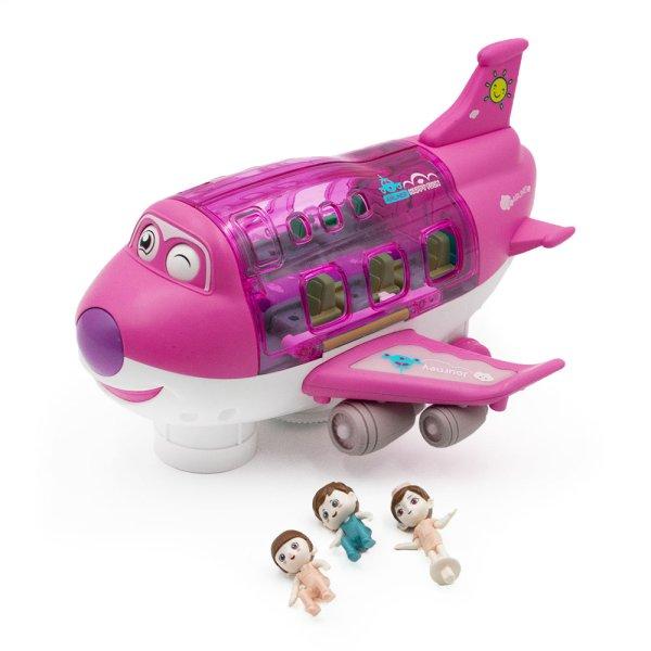 Kinyitható játék repülő kivehető utasokkal, stewardess-sel, – fény és
hangeffektekkel, 360°-os fordulatokat vesz, rózsaszín (BBJ)