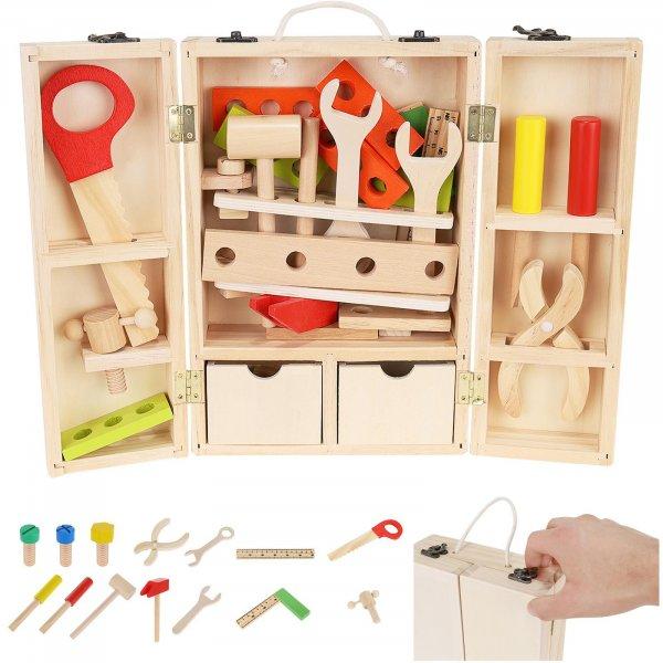 Színes, fából készült, 32 részes játék szerszámkészlet praktikus
kinyitható tárolóban - készségfejlesztő gyermek barkács felszerelés
(BB-9367)