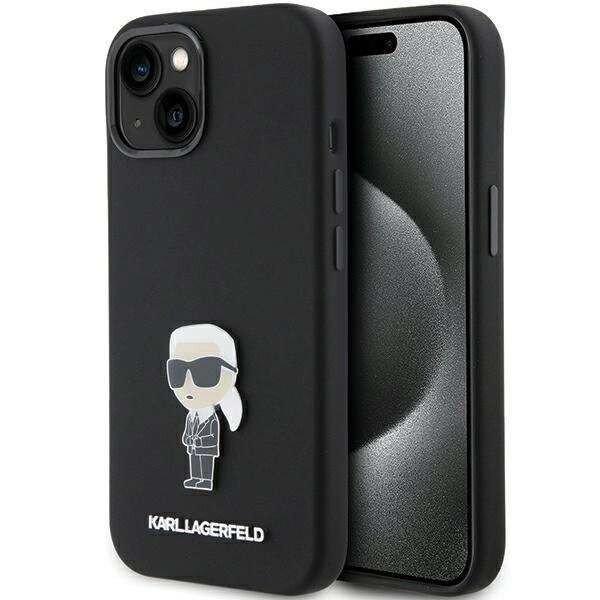 Karl Lagerfeld szilikon Ikonik fém tűs tok iPhone 15 - fekete