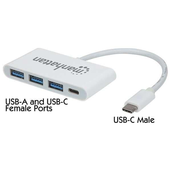 Manhattan USB HUB, Type-C-ről  3db USB 3.0-ra+1db USB Type-C, Power Delivery,
Fehér