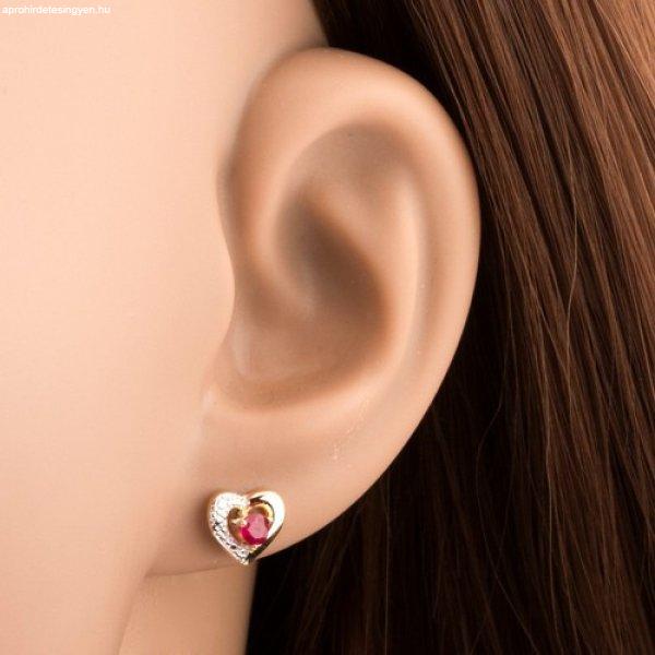585 arany fülbevaló - rózsaszín rubin kétszínű szív körvonalban,
gravírozott