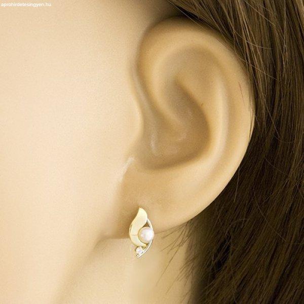 Gyémánt fülbevaló 14K aranyból, kétszínű szem, átlátszó gyémánt és
fehér gyöngy