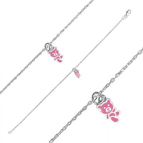 925 ezüst karkötő - maci rózsaszín fénymázzal díszítve, fényes lánc