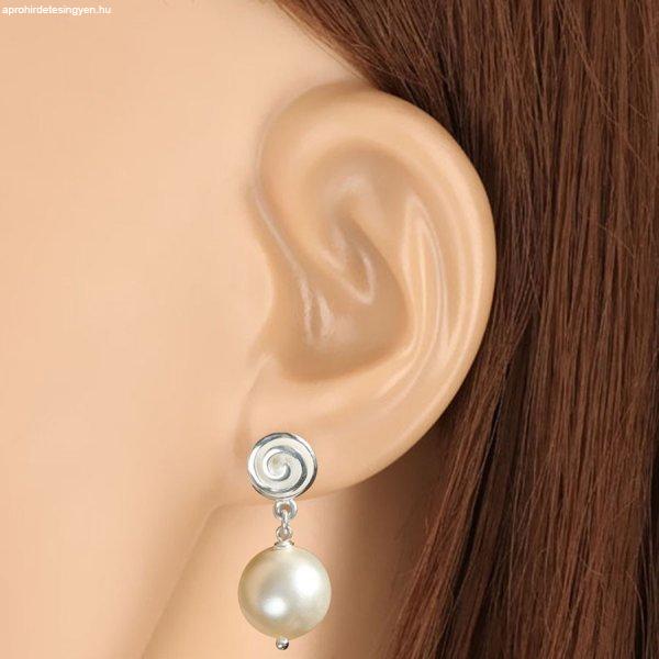 925 ezüst fülbevaló - spirális vonal, gyöngyház színű gyöngyökkel