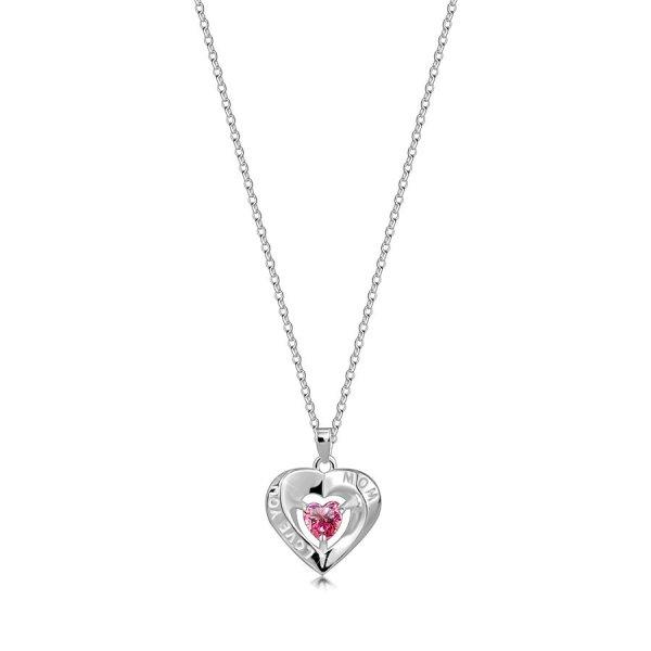 925 ezüst nyaklánc – szív körvonal, rózsaszín cirkónia, „LOVE YOU
MOM” felirattal