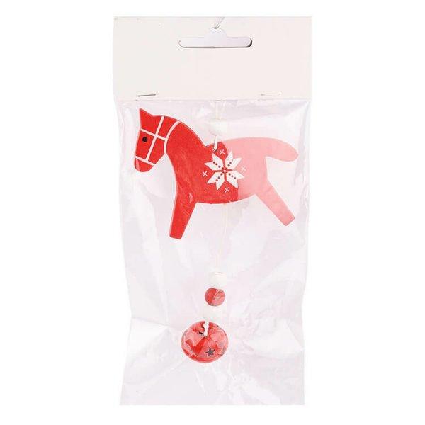 Karácsonyfadísz (piros ló és csengő, fehér mintával)