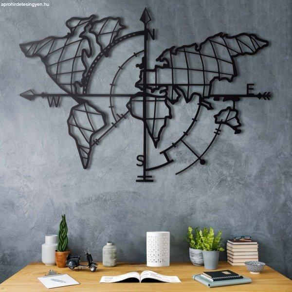 World Map Compass - Black Fali fém dekoráció 95x65 Fekete