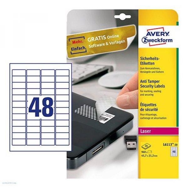 Etikett címke speciális L6113-20 biztonsági fehér poliészter 45,7 x 21,2 mm
20 ív Avery