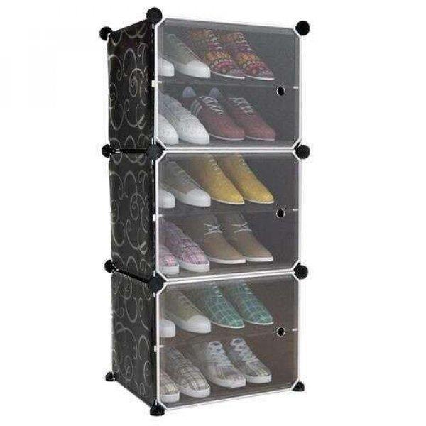 Cipőtároló polc/szekrény, moduláris, 6 polcos, műanyag, fekete, 44,5x30x93
cm