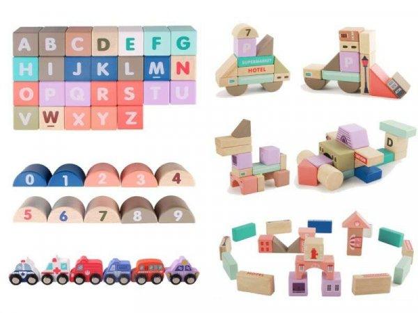 Fából készült puzzle város készlet gyerekeknek, blokkok számokkal és
betűkkel, 162 db MCT 9829