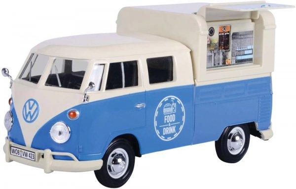 MotorMax Volkswagen Transporter T2 Food & Drink 1:24 kék-fehér 17 cm fém +
műanyag modell autó, autómodell, nyitható büfékocsi