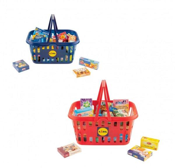 LIDL játék (gyermek) mini (26,5 x 18 x 12,8 cm) megtöltött bevásároló
kosár, LIDL márkatermékekkel (üres dobozok)