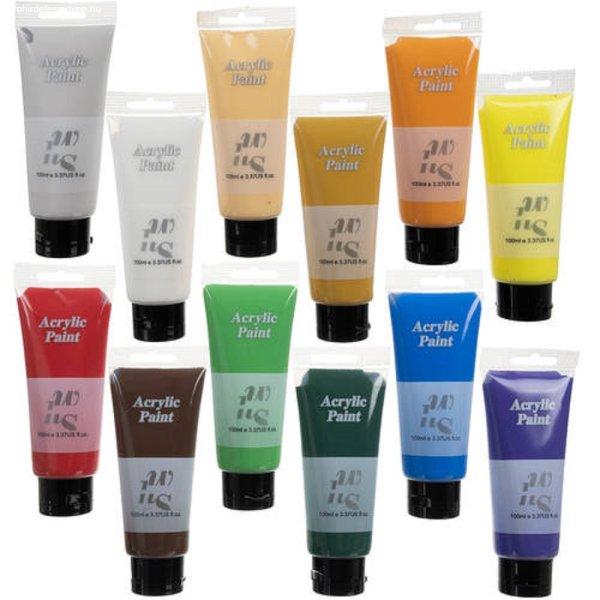 12 különböző színű prémium akril
festék készlet, 100 ml-es tubusokban (BB-20424)