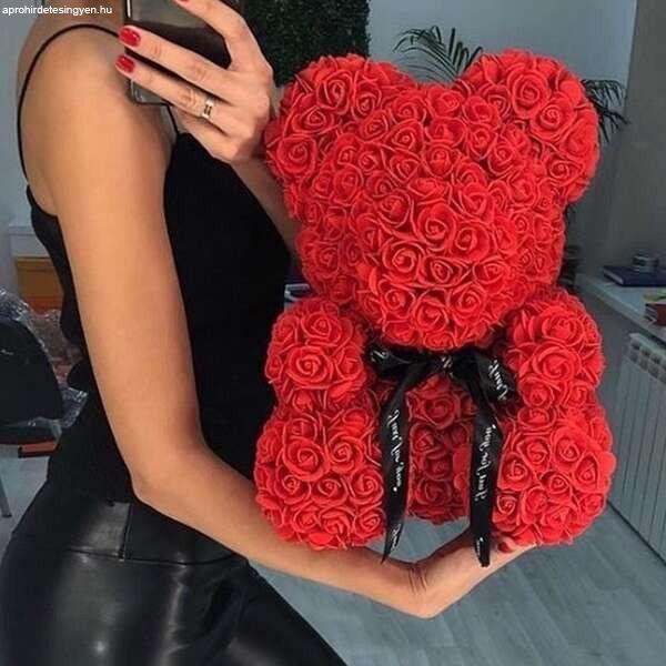 Örök rózsa virág maci díszdobozban - piros - NAGY 40 cm