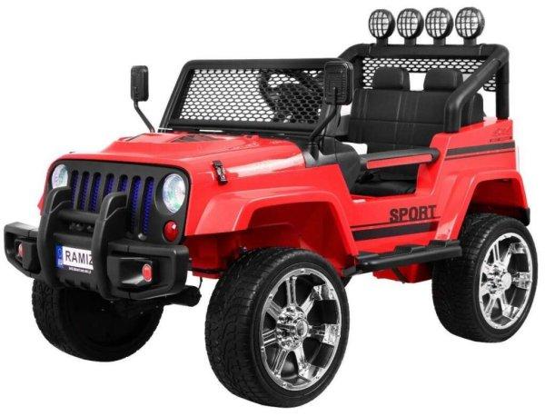 Ramiz IdealStore Jeep Drifter 4x4 Red Star Elektromos autó távirányítóval,
125 x 65 x 78 cm, 4 Motorral, Biztonsági öv, 2 Ülés, Fényszórók és első
lámpák, Audio panel, Hangvezérlők a kormányon, Maximum 30 kg, Piros