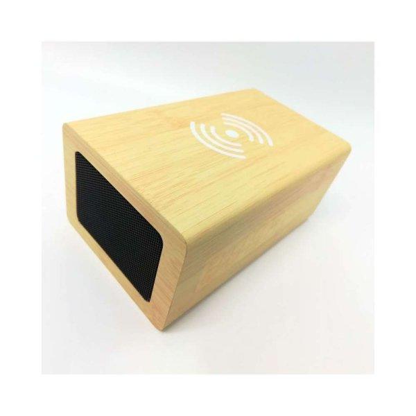 Fából készült sztereó bluetooth hangszóró vezeték nélküli töltő
funkcióval, világosbarna