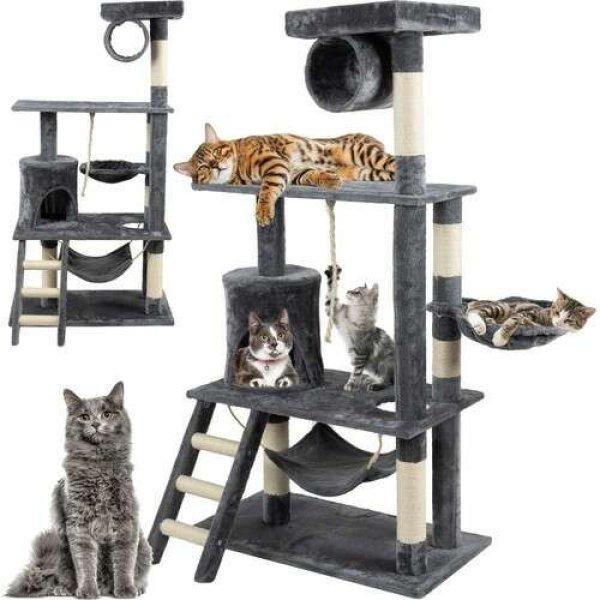 Óriás macska mászóka és kaparófa játékokkal, kuckókkal, hintával és
létrával – 141 cm, szürke