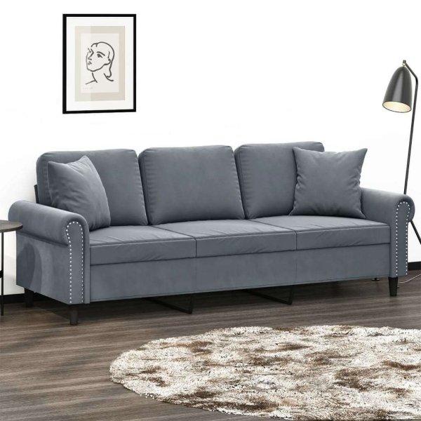 vidaXL 3 személyes sötétszürke bársony kanapé díszpárnákkal 180 cm