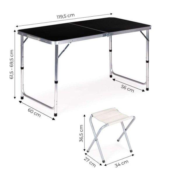 Turista asztal, összecsukható asztal, 4 székből álló szett Fekete |
HTA120R+4S BLACK