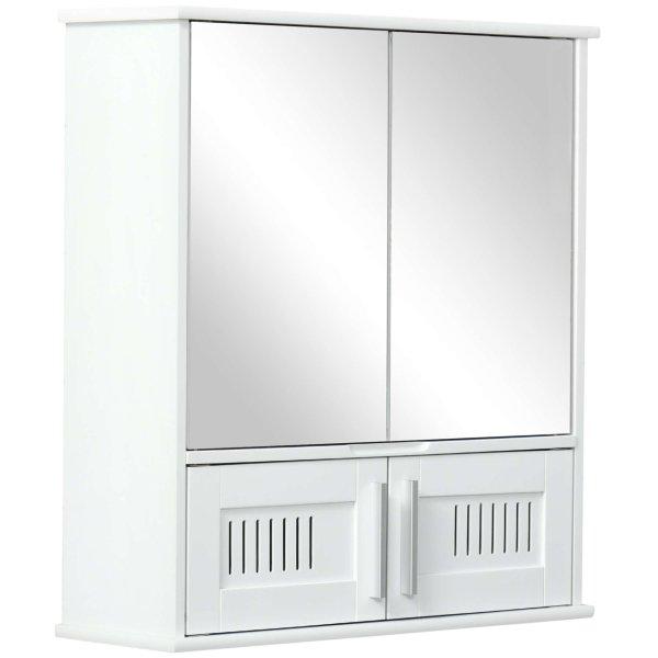 Kleankin fürdőszoba fali szekrény, 2 ajtós, Tükör, MDF/Üveg, 55x17,5x60
cm, Fehér