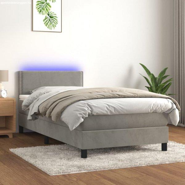 Világosszürke bársony rugós és LED-es ágy matraccal 80 x 200 cm