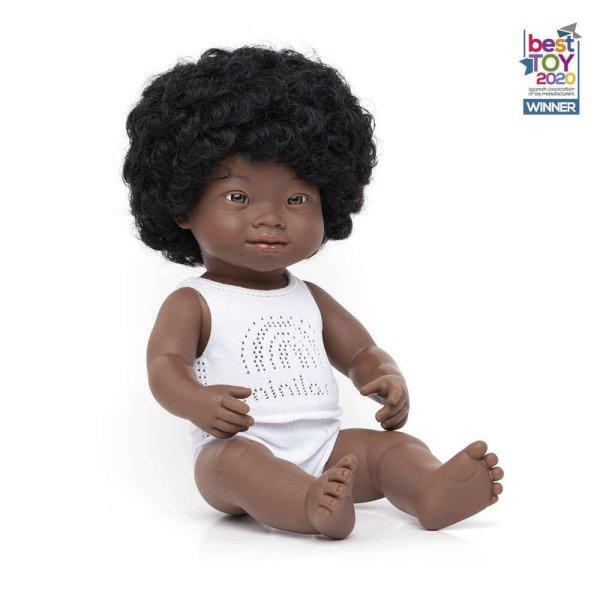 Baba, afrikai lány, Down-szindrómás, fehérneműben, 38 cm, Miniland ML31171