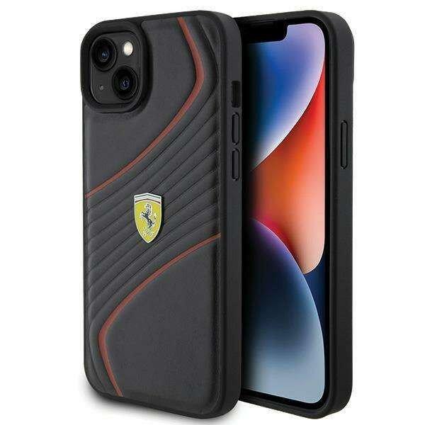 Ferrari Twist fém logós tok iPhone 15 Plus készülékhez - fekete