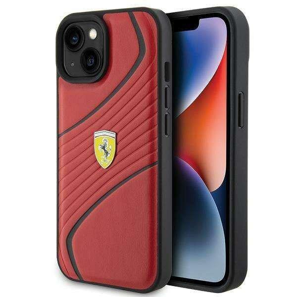Ferrari Twist fém logós tok iPhone 15 készülékhez - piros