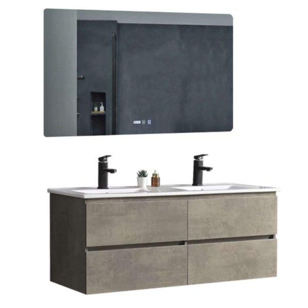 Hongkong Duo Loft Beton 120 komplett fürdőszoba bútor fali
mosdószekrénnyel, dupla kerámia mosdóval és tükörrel