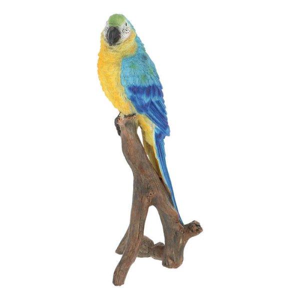 Faágon ülő papagáj polyresin szobor, sárga és kék színkombinációban,
kültéri és beltéri dekorációs kiegészítő