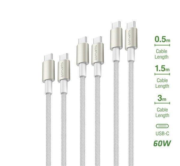 4smarts PremiumCord USB-C - USB-C kábel szett, 60W, 3x0.5M+1.5M+3M fehér /
ezüst