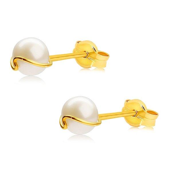 Arany 375 fülbevaló - tenyésztett fehér gyöngy, vékony hullámvonal,
stekker zár