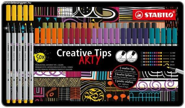 Tűfilc készlet, fém doboz, STABILO "Creative Tips ARTY", 10
különböző szín, 5 különböző vastagság