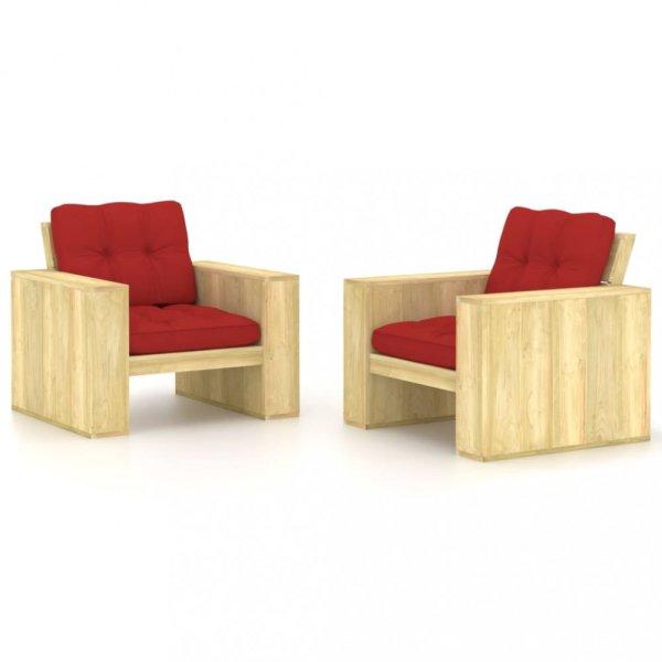2 db impregnált fenyőfa kerti szék piros párnákkal