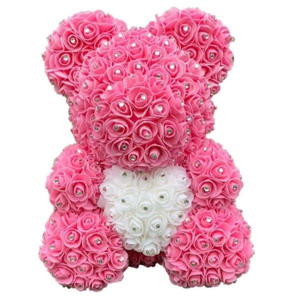 Rózsa maci, örök virág maci csillogó strasszkövekkel 40 cm - rózsaszín
fehér szívvel - díszdobozzal 