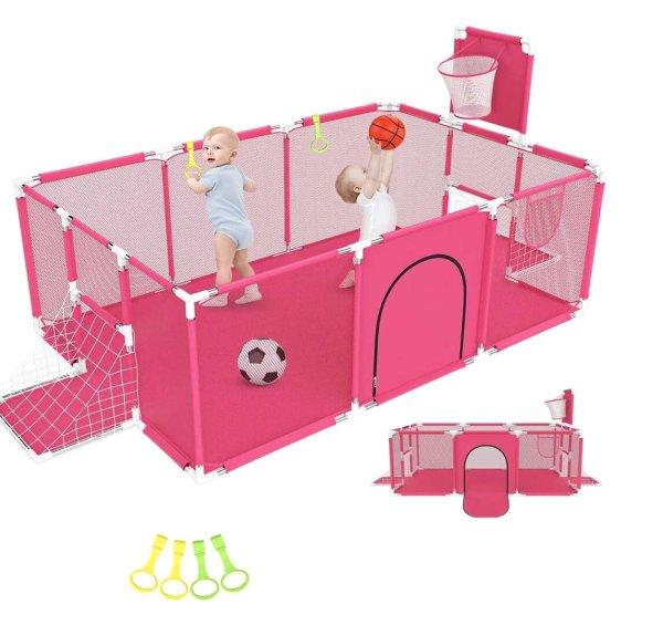 AOVO Gyerekjátszótér, járóka Összecsukható  180 x 120 x 60 cm + Labda
focizáshoz és kosárlabdához – Baba Játszópark, Rózsaszín