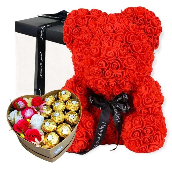 Rózsa maci díszdobozban 40 cm - piros + szív desszert doboz szappanrózsával
és Ferrero Rocher-val