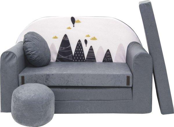 Nyitható mini kanapé gyerekeknek, hegy mintával, szürke + ajándék puffal 