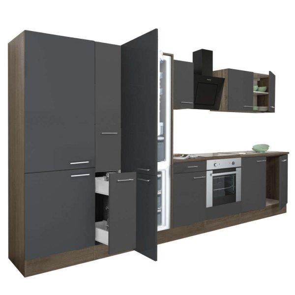 Yorki 360 konyhablokk yorki tölgy korpusz,selyemfényű antracit front alsó
sütős elemmel polcos szekrénnyel és alulfagyasztós hűtős szekrénnyel