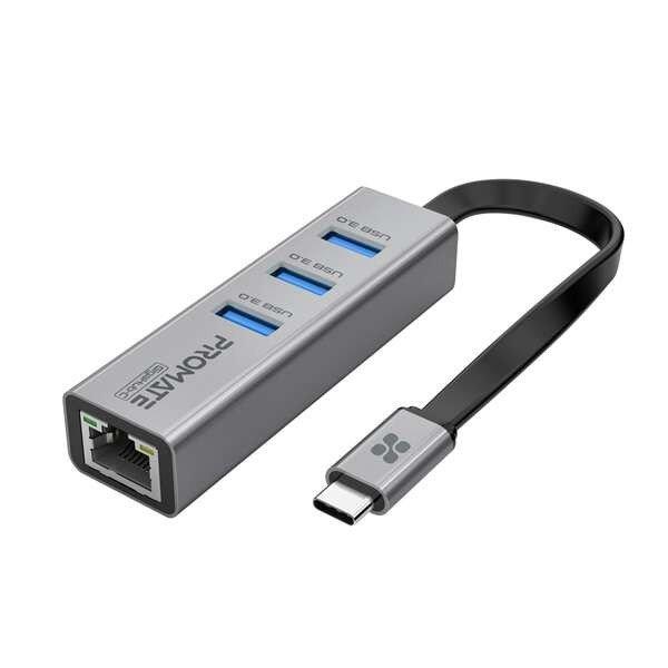 Promate USB Hub, GIGAHUB C (USB-C 4in1 HUB, RJ45, 2xUSB 3.0, SD,mSD, szürke)