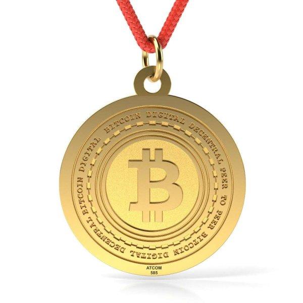 Sárga arany medál Bitcoin mintás zsinórral