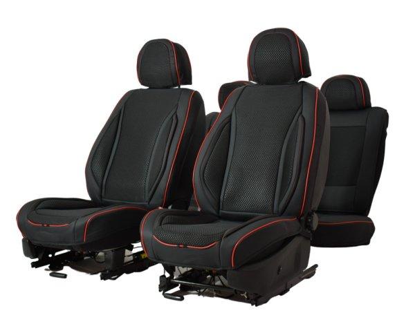 Mitsubishi Carisma Hatchback Fortuna Méretezett Üléshuzat Bőr/Szövet
-Piros/Fekete- Komplett Garnitúra