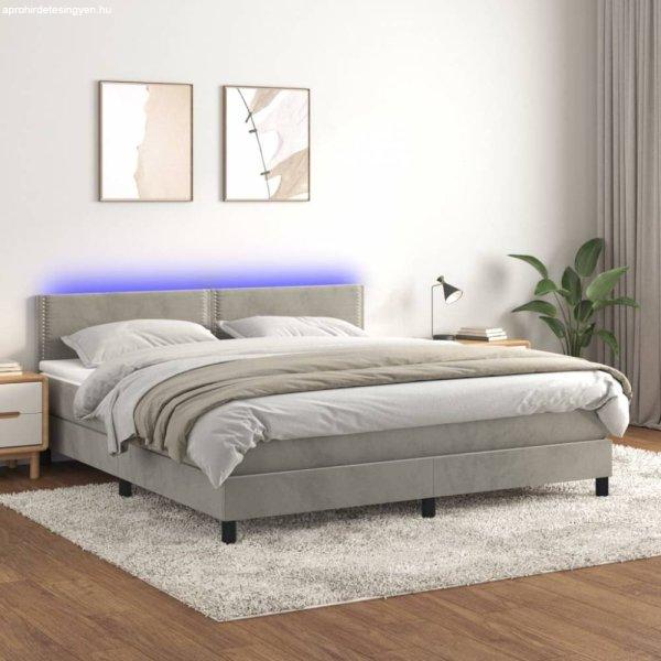 Világosszürke bársony rugós és LED-es ágy matraccal 160x200 cm