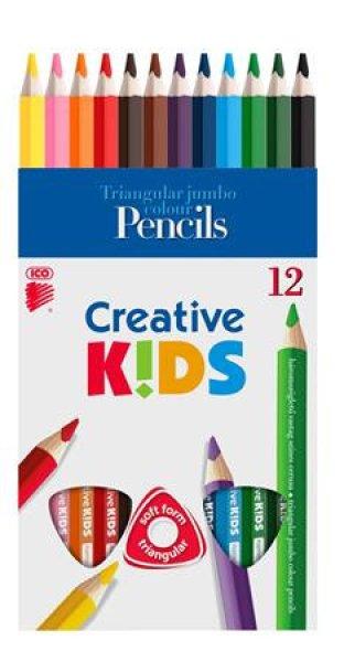 Színes ceruza készlet, háromszögletű, vastag, ICO "Creative
kids", 12 különböző szín