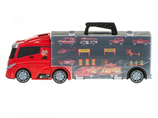 KX5993 tűzoltó kamion 7 kisautóval bőröndben, Piros