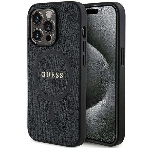 Guess 4G Collection bőr fém logós MagSafe tok iPhone 15 Pro - Fekete