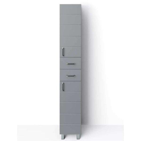 MART 30 cm széles polcos álló fürdőszobai magas szekrény, világos
szürke, króm kiegészítőkkel, 2 soft close ajtóval és 2 fiókkal