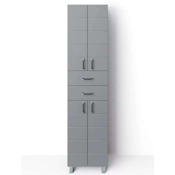 MART 60 cm széles polcos álló fürdőszobai magas szekrény, világos
szürke, króm kiegészítőkkel, 4 soft close ajtóval és 2 fiókkal